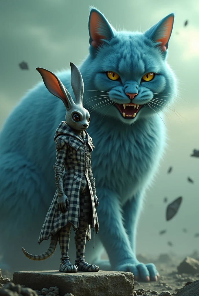 Surreal, fantasy-style digital artwork featuring a highly detailed, anatomically correct humanoid rabbit and a large, menacing blue cat in 4K resolution. The humanoid rabbit stands confidently on a platform, wearing a intricate, checkered black and white outfit with a long, fluffy tail and elongated ears. The rabbit's face is obscured by a mask, adding to the mysterious and eerie atmosphere. Behind the rabbit, the enormous blue cat with piercing yellow eyes and a wide, sinister grin dominates the background, showcasing its razor-sharp teeth and luxurious, detailed fur in shades of blue. The background consists of a cloudy sky with a greenish hue, and various floating debris, enhancing the chaotic and fantastical setting, created with exceptional skill and attention to detail, worthy of an award-winning masterpiece.