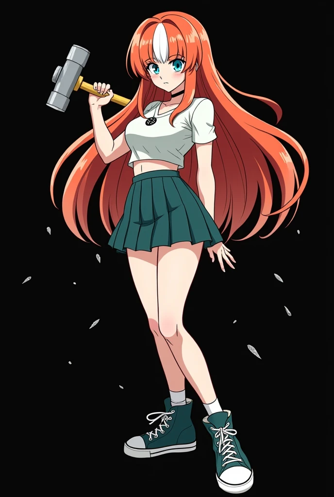 A full body image of an 1 girl, personagem do anime "Dragon Ball Super", she is very beautiful, with long, straight, fire-colored hair with two white streaks highlighted in the front, framing your face. She has blue-green eyes and pale skin.. she is a Wiccan, she is in fighting pose. she wears a pentagram necklace, croped, glued skirt, beautiful women&#39;s high-top shoes and ¾-long socks, she holds a nail hammer and small nails. It is drawn with Akira Toryama&#39;s animation. black backdrop.