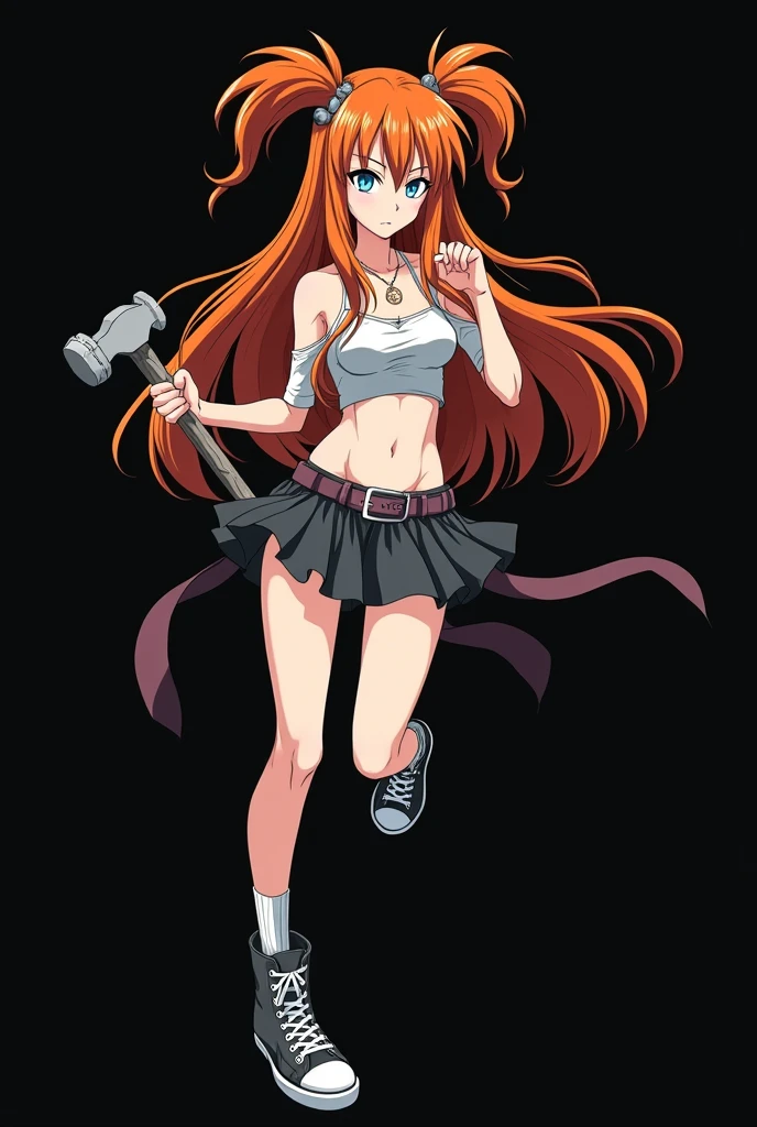 A full body image of an 1 girl, personagem do anime "Dragon Ball Super", she is very beautiful, with long, straight, fire-colored hair with two white streaks highlighted in the front, framing your face. She has blue-green eyes and pale skin.. she is a Wiccan, she is in fighting pose. she wears a pentagram necklace, croped, glued skirt, beautiful women&#39;s high-top shoes and ¾-long socks, she holds a nail hammer and small nails. It is drawn with Akira Toryama&#39;s animation. black backdrop.