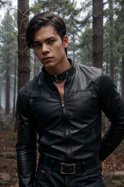 Mad Dog, Eli Goree, Teen Wolf, boy, 1, short black hair, military hairstyle, slim and muscular build, brown eyes, red shirt with black stripes, black leather jacket, blue jeans, black belt with silver buckle, black military boots, bear collar, forest background with fog looking dw in front of viewer.