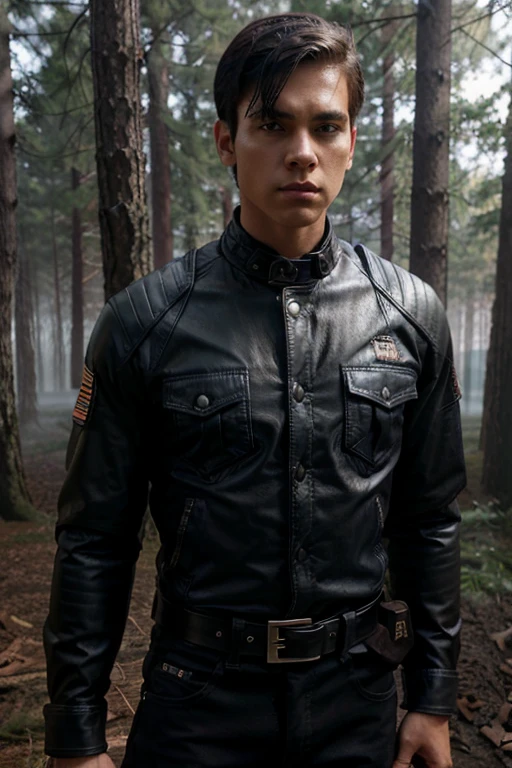 Mad Dog, Eli Goree, Teen Wolf, boy, 1, short black hair, military hairstyle, slim and muscular build, brown eyes, red shirt with black stripes, black leather jacket, blue jeans, black belt with silver buckle, black military boots, bear collar, forest background with fog looking dw in front of viewer.