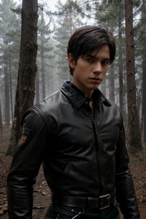 Mad Dog, Eli Goree, Teen Wolf, boy, 1, short black hair, military hairstyle, slim and muscular build, brown eyes, red shirt with black stripes, black leather jacket, blue jeans, black belt with silver buckle, black military boots, bear collar, forest background with fog looking dw in front of viewer.