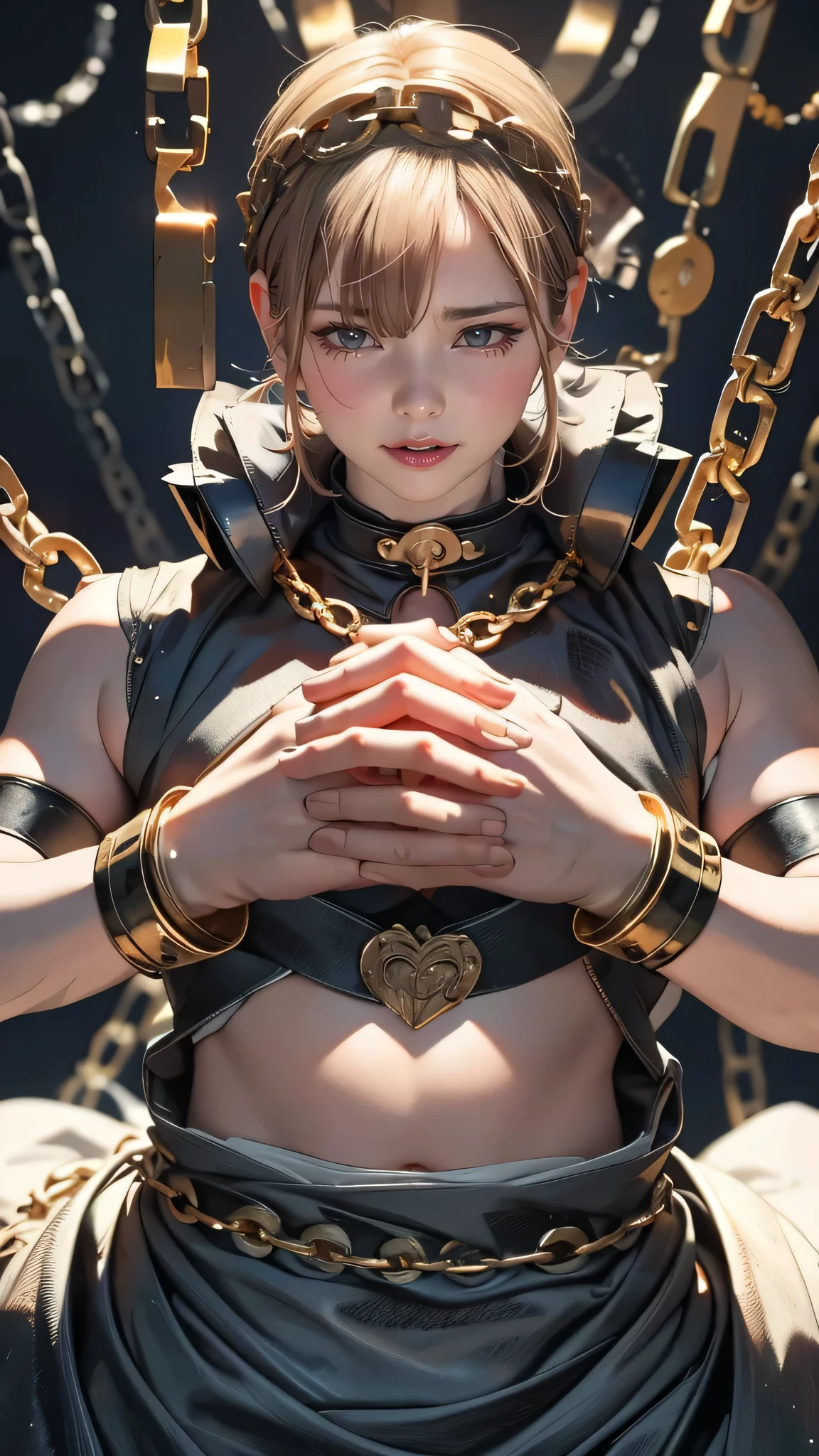 a close up of two hands holding chains with a white circle, ((chains)), chains broken on hands, shackled in the void, chains on hands, broken shackles, chains, dormant in chains, wearing chains, chainsaw man manga, broken gold shackles, shackles in his hands, thick glowing chains, closeup of arms, the shackled, handcuffs, Close-up of hands folded in front of stomach,