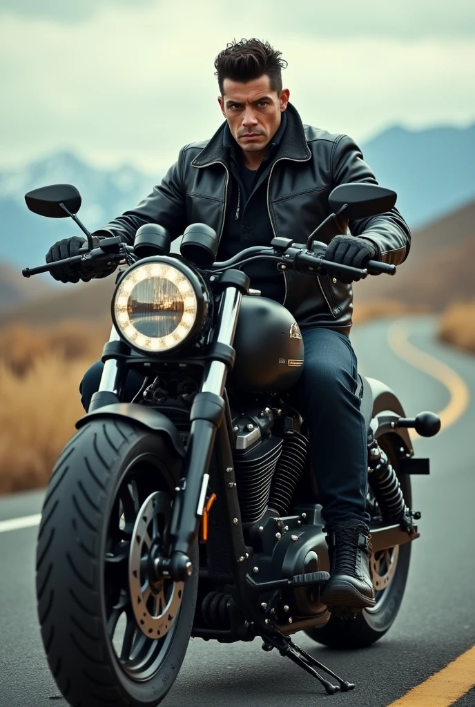 Man with short curly hair and chopper dressed in black with background view