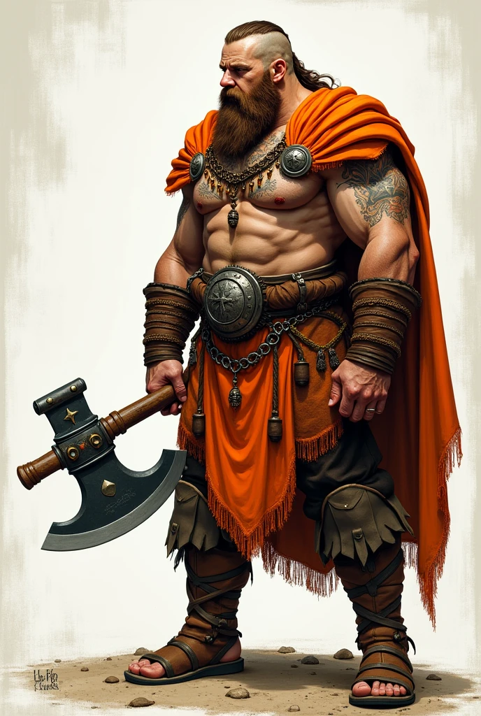 A photo of a Viking dressed in orange holding an axe with orange details on his shoulder, profile photo showing only the chest up in a drawing format
