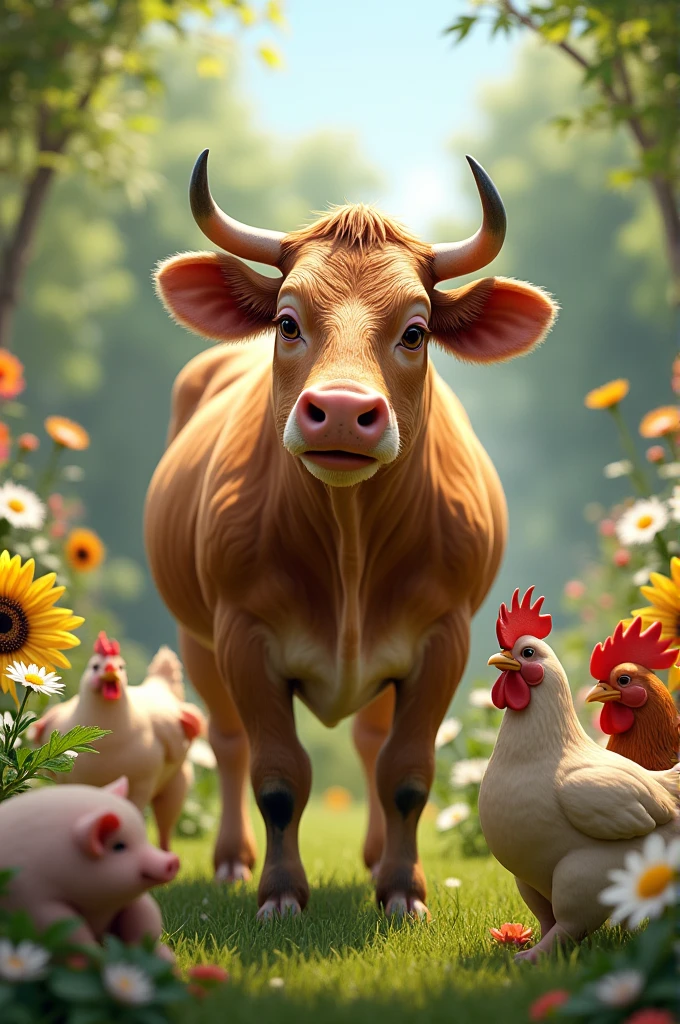 Realistic cow with pigs chickens in garden with daisies and sunflowers