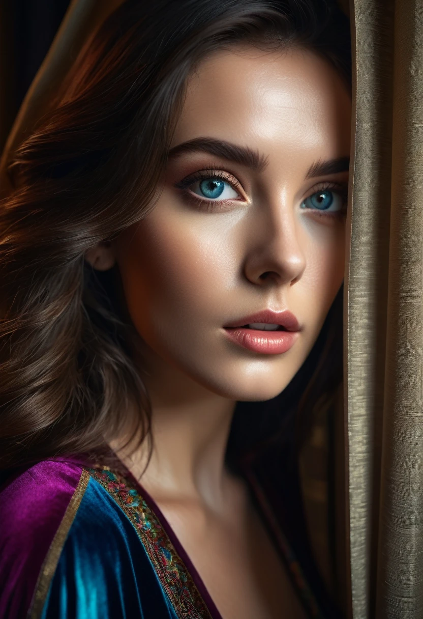 RAW photo, beautiful eyes, masterpiece, peeking out from behind the curtains, colorful details, award-winning, high detail, 8 K, daylight, analog film, detailed skin, stunning composition, complex parts, subsurface scattering, velvet hair, amazing textures, cinematic, chiaroscuro, soft light
