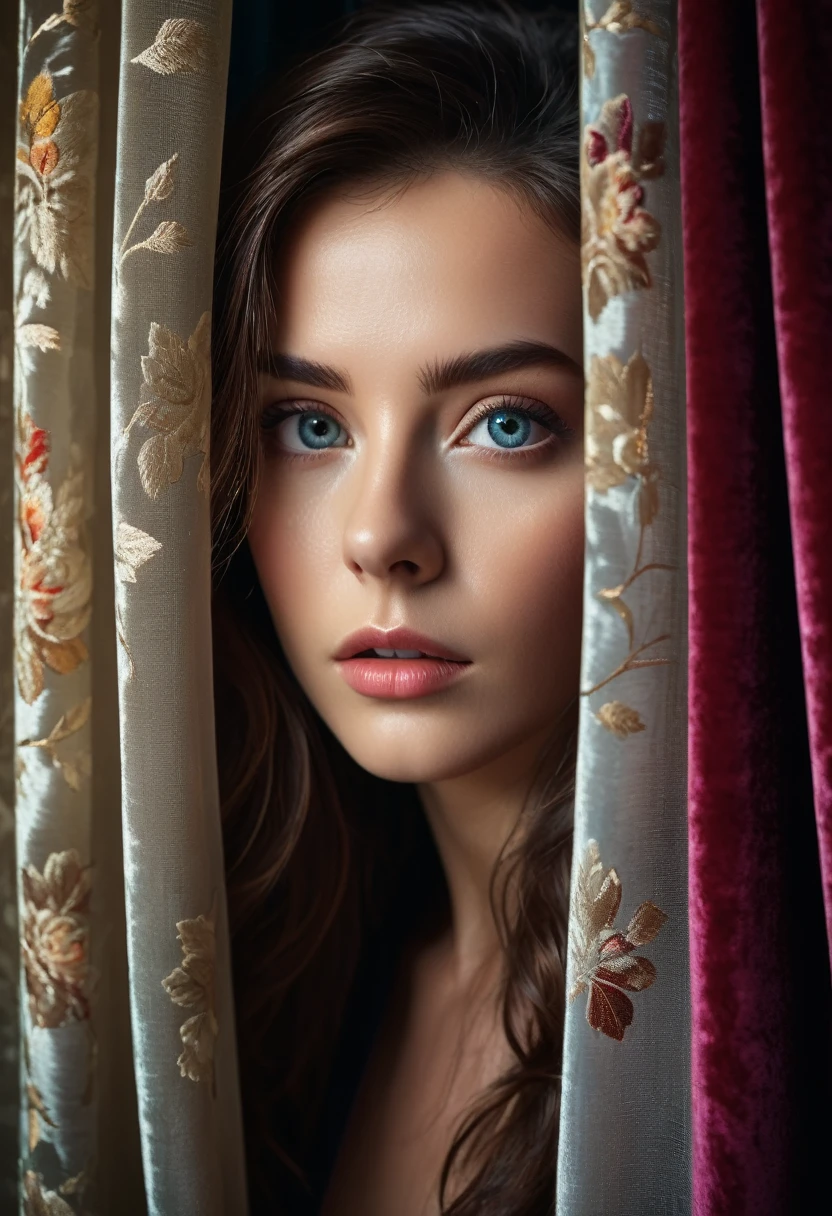 RAW photo, beautiful eyes, masterpiece, peeking out from behind the curtains, colorful details, award-winning, high detail, 8 K, daylight, analog film, detailed skin, stunning composition, complex parts, subsurface scattering, velvet hair, amazing textures, cinematic, chiaroscuro, soft light
