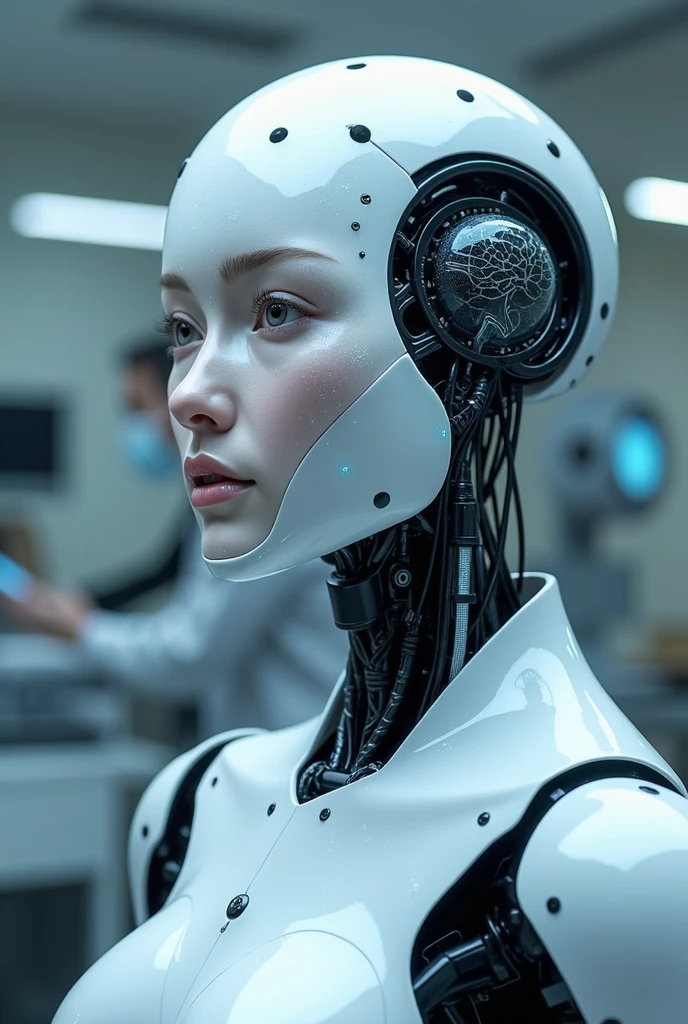 High Definition, 8K resolution, realist, humanoid, Female Robot, laboratory, cirujia, artificial brain implant, white color with blue sparkles