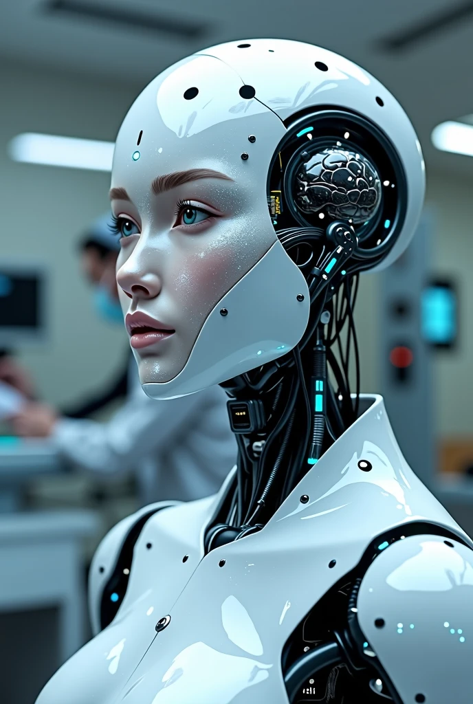 High Definition, 8K resolution, realist, humanoid, Female Robot, laboratory, cirujia, artificial brain implant, white color with blue sparkles