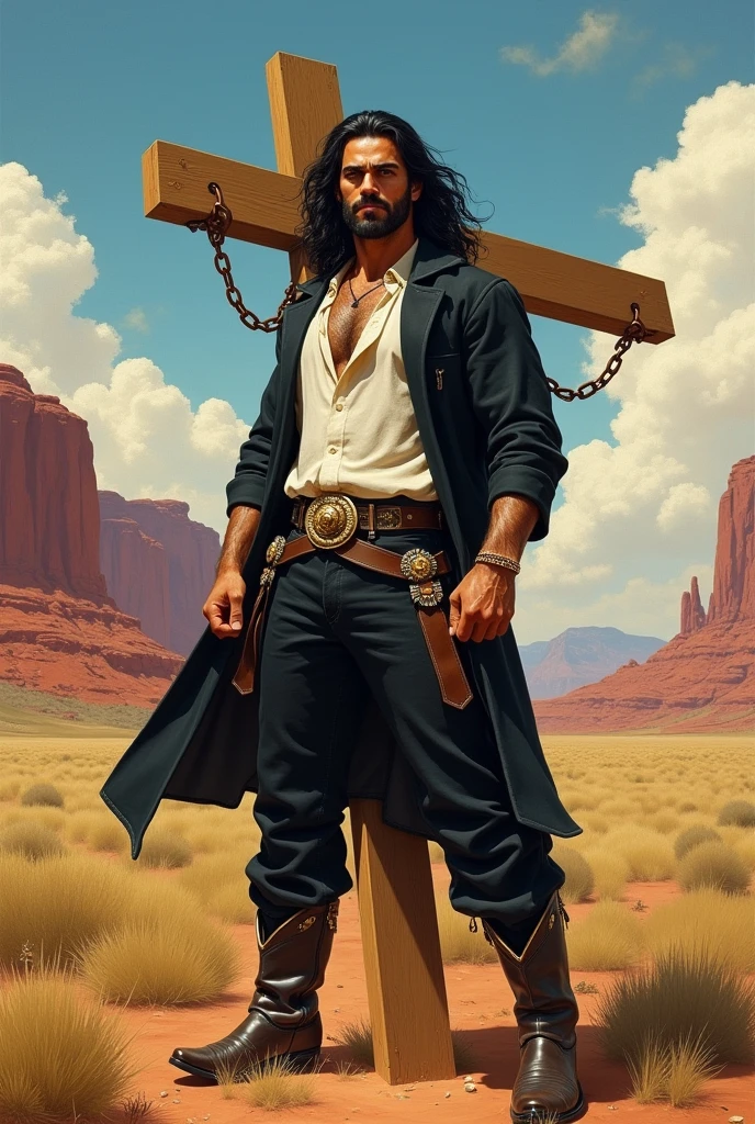 (A strong muscular man, boy: brave, strong)(oil painting, a high resolution:1.2,Sharp Focus)(detailed face:1.2,detailed eyes:1.1)(Intense expression:1.1,confident)(long black hair to the shoulders:1.1, Mild unshaven)(take a dynamic pose) (black duster, White shirt, black trousers, cowboy boots), (prairie background:1.1, red rocks, Rolling clouds)(soft lighting, warm colors)(bright colors, Vibrant Palette), (large wooden cross, on his back), (a portable cross as tall as a man, on a chain)