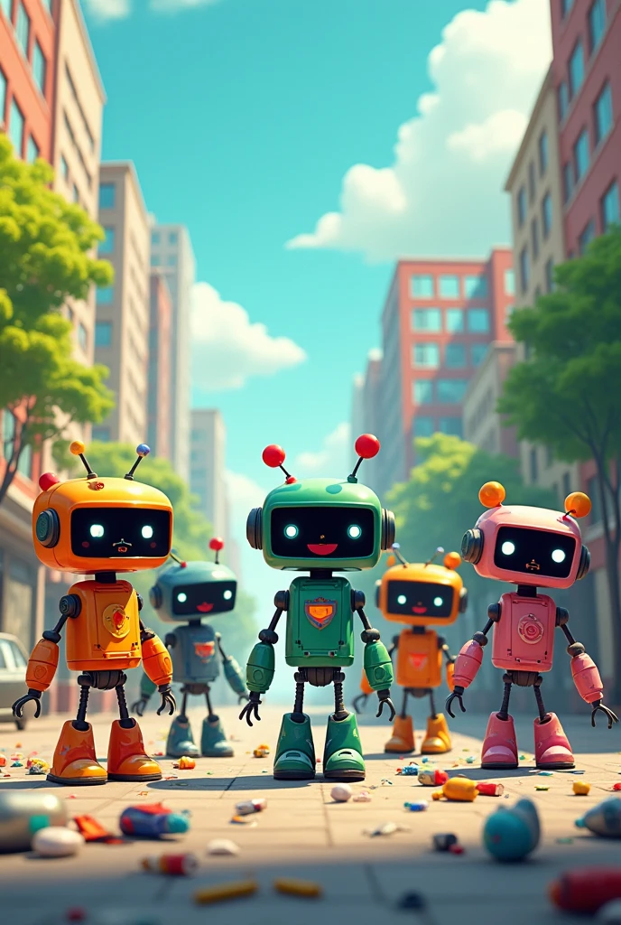five garbage robots happily picking up trash