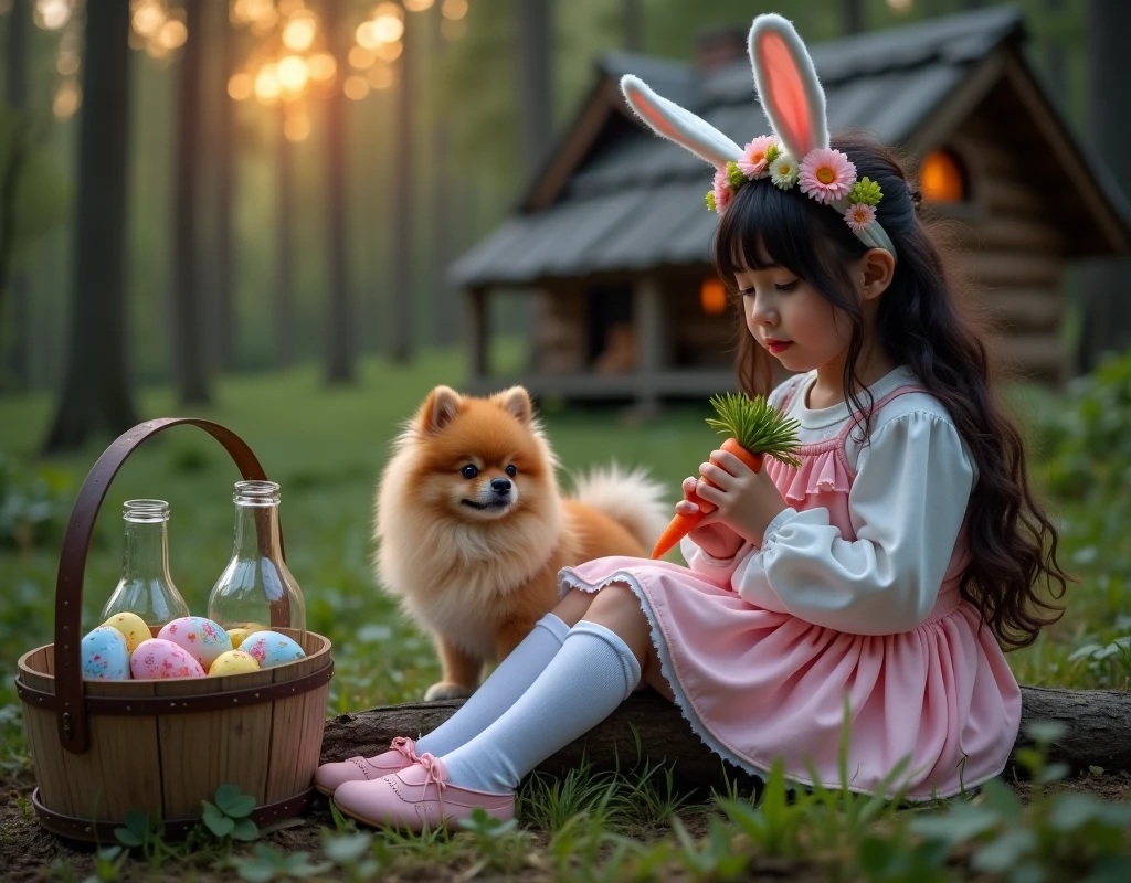 Fairytale style photography, set in a forest during twilight. The layout features a fair-skinned, dark-haired , adorned with a flower headband and white bunny ears, (sitting on a log – 2.0). She is wearing a pink ruffled skirt and a white blouse, paired with white knee-high socks and pink shoes. Beside her is a light brown furry Pomeranian dog. The girl is holding a carrot, seemingly offering it to the dog. On the left, there is a wooden bucket filled with colorful, intricately decorated Easter eggs and two glass milk bottles. In the background, a rustic wooden cabin is partially visible among the trees, with a soft, warm light filtering through the foliage, creating a magical atmosphere.