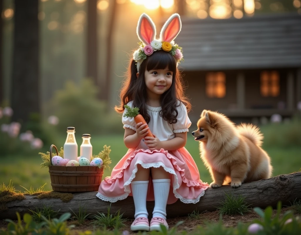 Fairytale style photography, set in a forest during twilight. The layout features a fair-skinned, dark-haired , adorned with a flower headband and white bunny ears, (sitting on a log – 2.0). She is wearing a pink ruffled skirt and a white blouse, paired with white knee-high socks and pink shoes. Beside her is a light brown furry Pomeranian dog. The girl is holding a carrot, seemingly offering it to the dog. On the left, there is a wooden bucket filled with colorful, intricately decorated Easter eggs and two glass milk bottles. In the background, a rustic wooden cabin is partially visible among the trees, with a soft, warm light filtering through the foliage, creating a magical atmosphere.