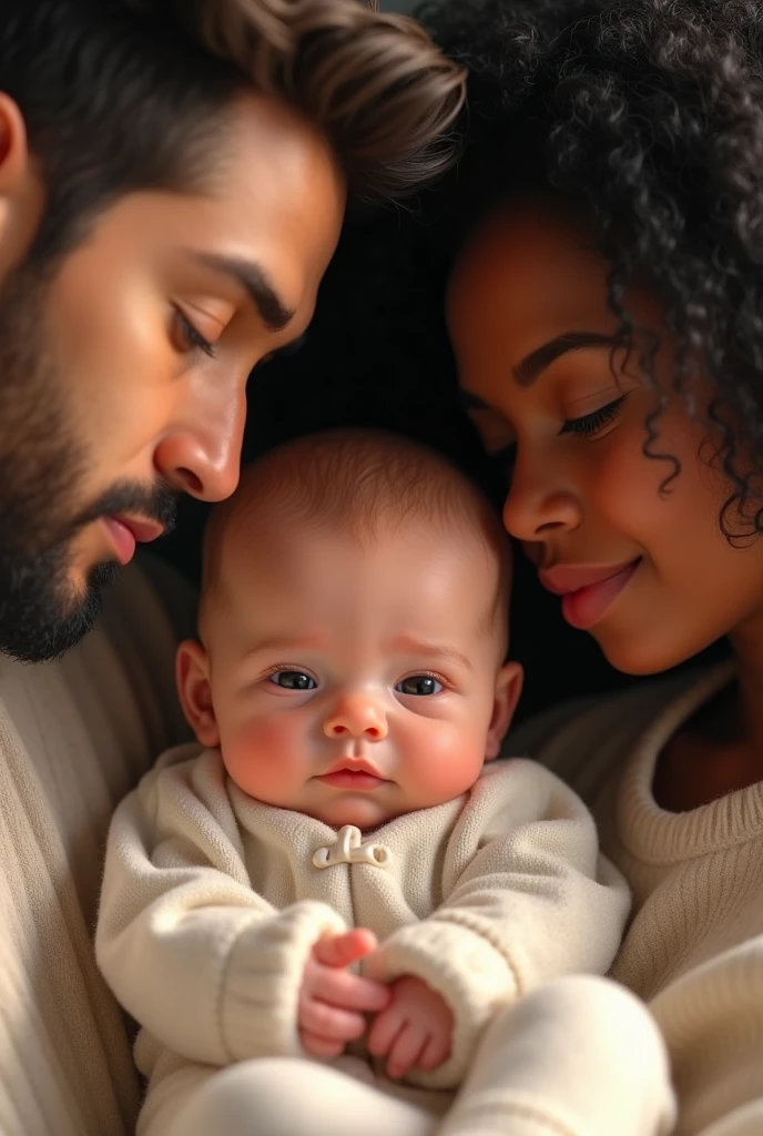 Draw a baby, , who has a white father and a brown mother. they both have straight black hair