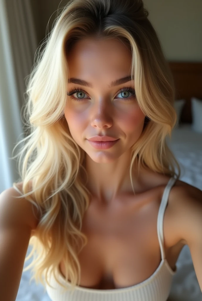 Fille blonde blanche aux longs cheveux blonds. Corps mince. Realiste. Simple. Forte poitrine. dans sa chambre, debardeur, selfie