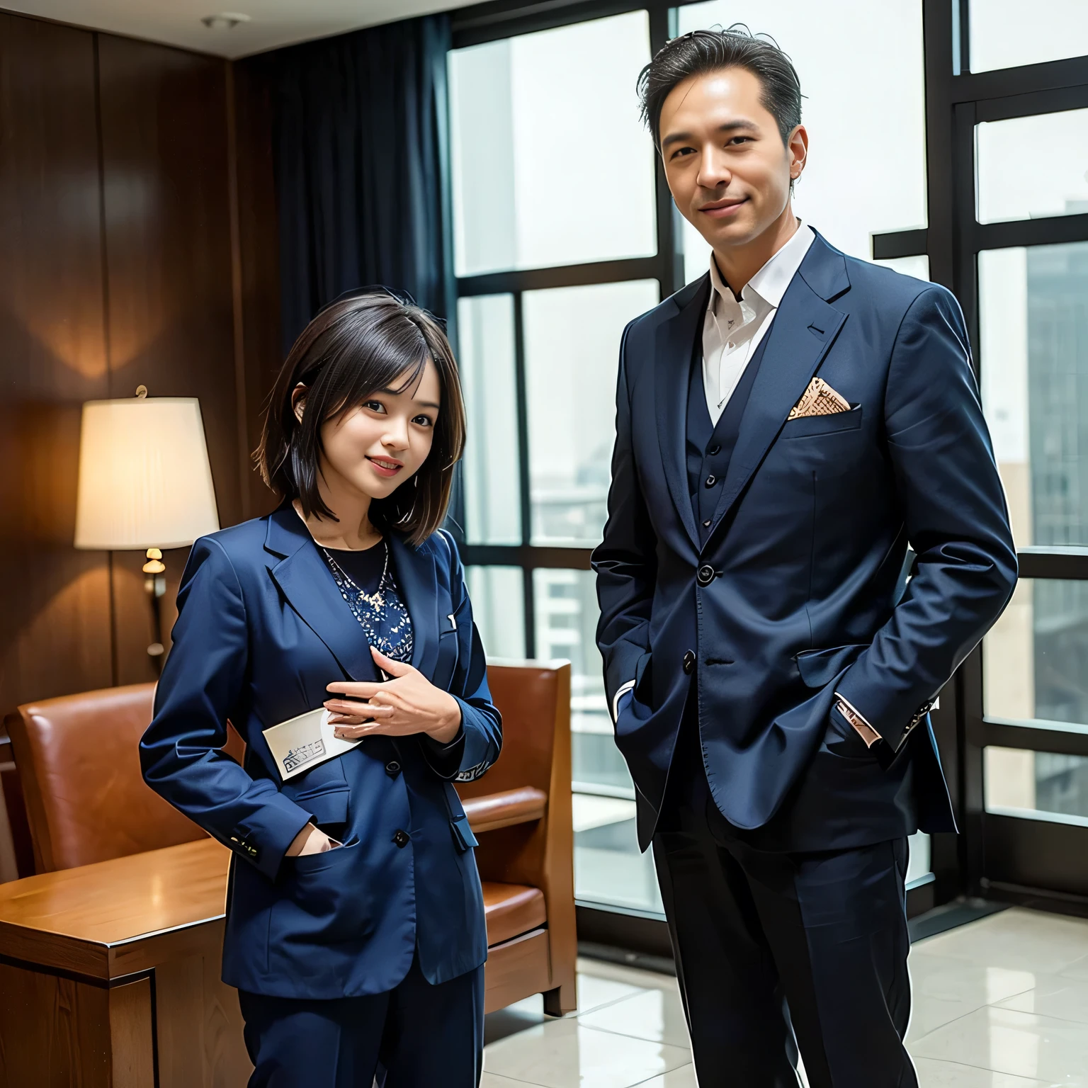 ((masterpiece:1.5))、Japanese man with short black hair:1.7、((Smile))、((Dark blue suit:1.5))、((A man stands with his hands in his pockets:1.5))、((Cowboy Shot:1.4))、((Side shot:1.5))、((hotel lobby:1.4))、Make a call on your smartphone:1.7、