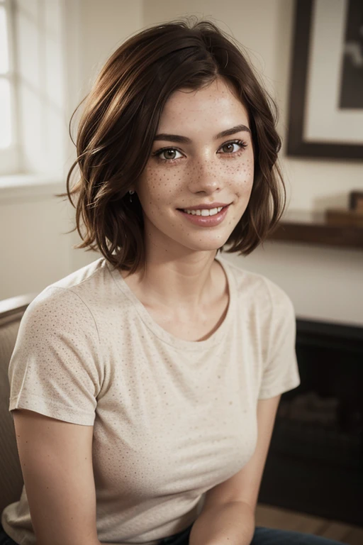 feminine figure, dark auburn hair, freckles, best quality, a shirt, realistic skin texture, smiling, upper body portrait, living room background, photography, detailed facial features, film grain texture and high contrast, extremely high-resolution details, photographic, photorealistic, hyper-realistic, HDR, masterpiece, short messy hair, Dimples, bangs
