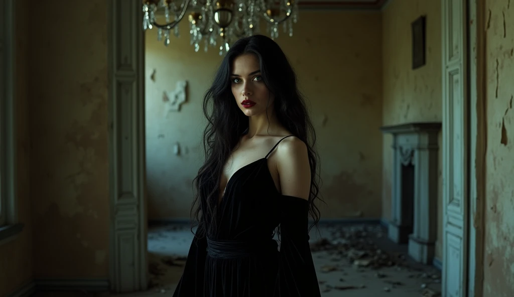 A stunning portrait of a sexy, gothic woman in an abandoned, dimly lit mansion, her black velvet dress flowing elegantly, long black hair framing her pale face, with deep red lips and piercing green eyes that subtly glow in the shadows, surrounded by paper of decaying wall. and broken chandeliers, photographed with a Canon EOS R5, 85mm f/1.2 lens, rich shadows with soft tones
