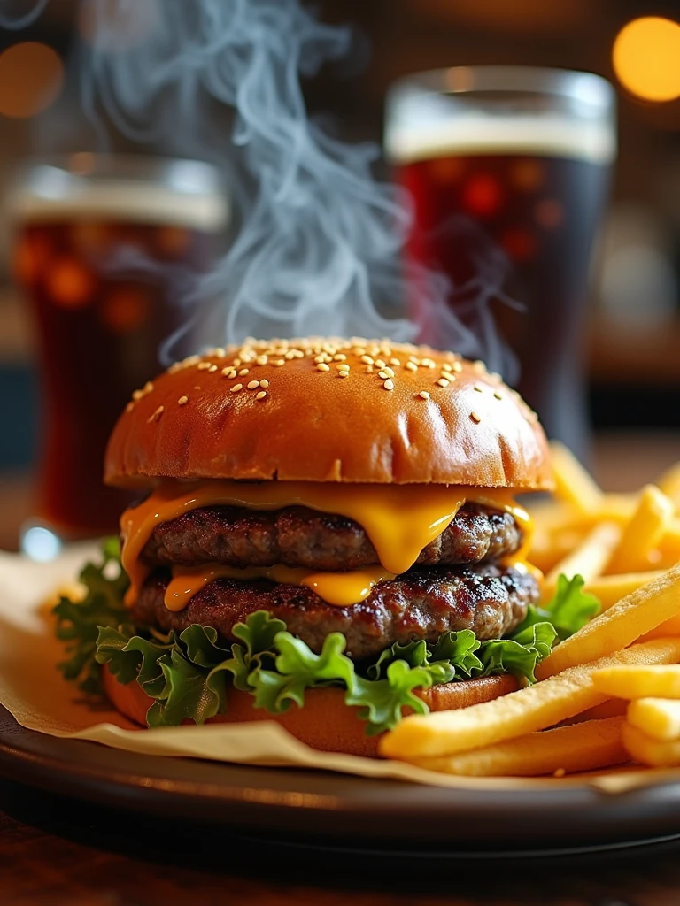 close up on the burger with smoke accompanied by french fries on top of the fries cheddar cheese melted and accompanied by soda on top of the table , Blurred background scenario of a restaurant