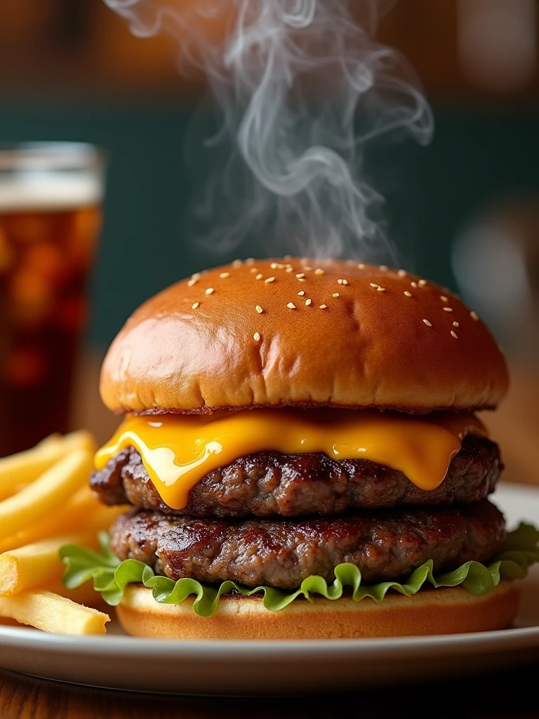 close up on the burger with smoke accompanied by french fries on top of the fries cheddar cheese melted and accompanied by soda on top of the table , Blurred background scenario of a restaurant