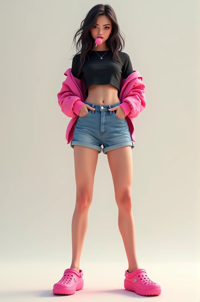One with denim shorts, a black crop top with pink Crocs and sucking a lollipop