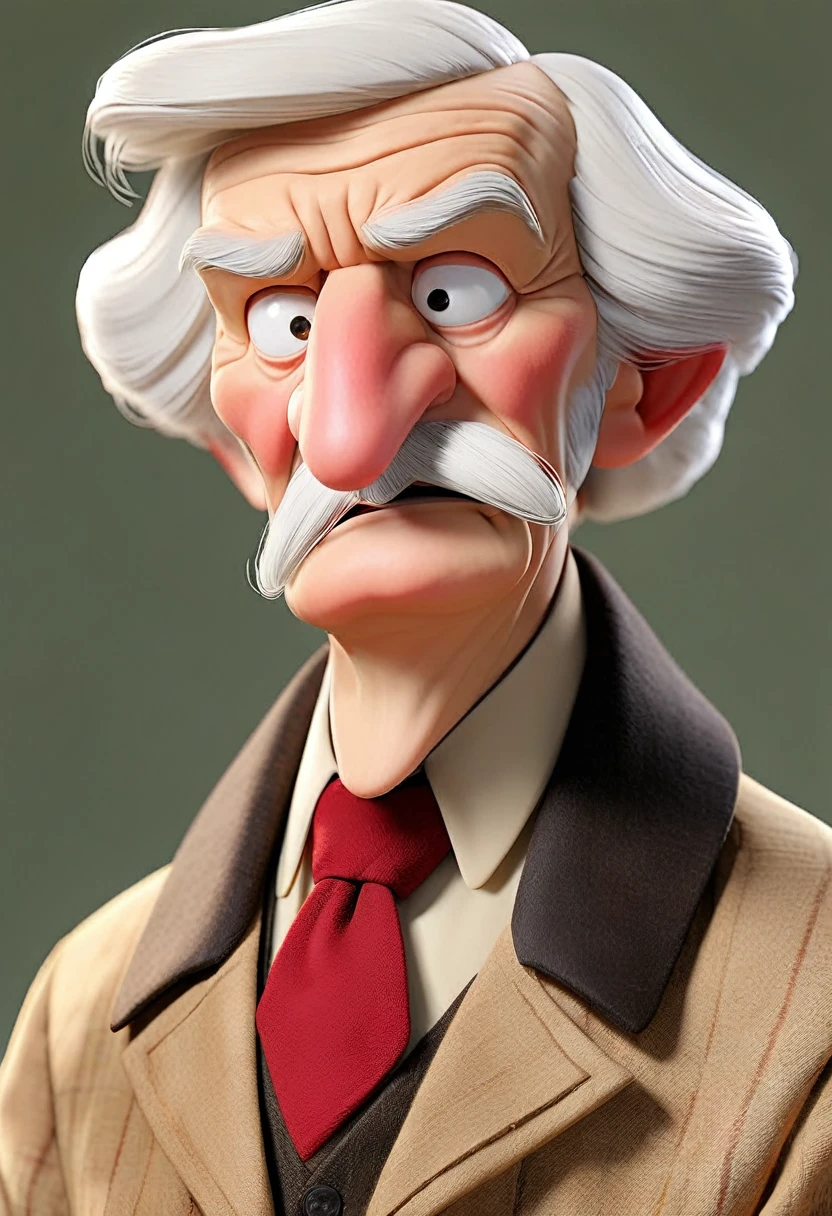 +_+, (An 80-year-old man with nasolabial folds on his face: 1.3), white mustache, black costume, short white hair at the ends, long brown red tie, beige jacket, two fingers in front of the face, Werther'Original, sitting down on chair, glare eyes, morinaga, cryin