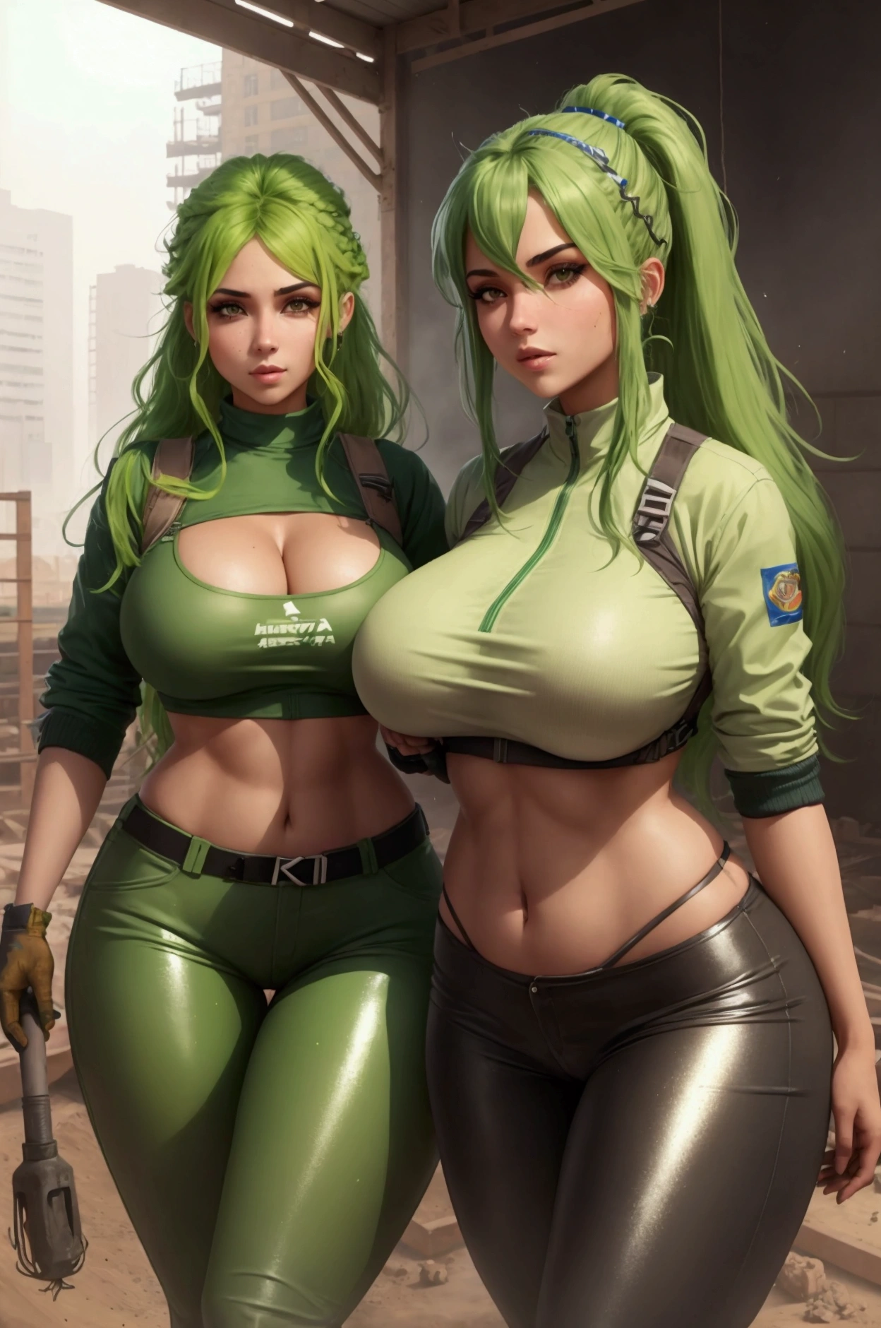 female workers working in a construction site. Athletic bodies slim big breasts big buttocks long green hair wearing low cut lykra construction clothing. 