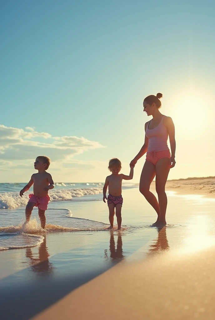 Crée moi une photo d’une famille composée d’une mère et deux fils torse nue jouer sur la plage, les enfants sur cette photo sont  corpulentes 