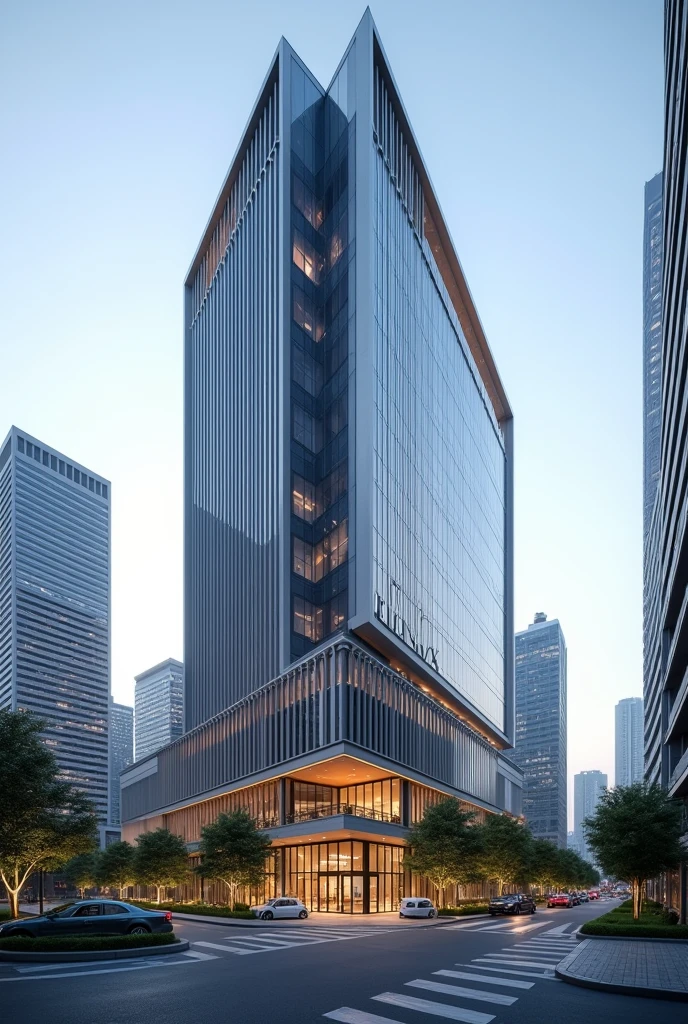 Create an image of a Faria Lima style building with the name Plurix which is the main company and below write menkr the names of the companies: kimberly-clark, reckitt e seara