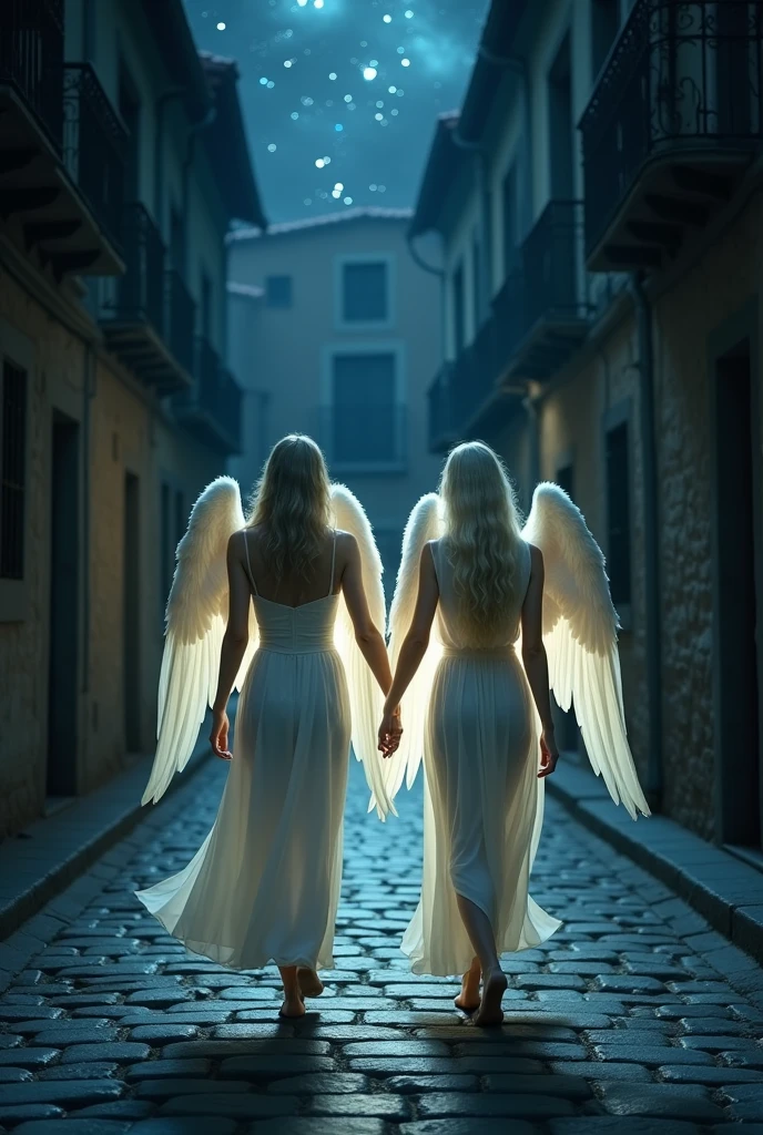 Two majestic angels, human-like, bathed in a gentle, heavenly glow, walk side by side down a narrow street, of cobblestones under a moonless moon, stary night. Her wings, gently folded against your back, glow faintly in the darkness, casting ethereal shadows that dance along the ancient walls of stillness, sleeping city. The atmosphere is charged with an unearthly tension as they move with purpose., your luminous presence illuminating the path ahead in the silence, sinister of the night, no visible errors or defects."