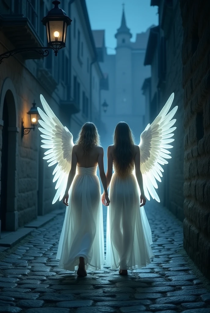 Two majestic angels, human-like, bathed in a gentle, heavenly glow, walk side by side down a narrow street, of cobblestones under a moonless moon, stary night. Her wings, gently folded against your back, glow faintly in the darkness, casting ethereal shadows that dance along the ancient walls of stillness, sleeping city. The atmosphere is charged with an unearthly tension as they move with purpose., your luminous presence illuminating the path ahead in the silence, sinister of the night, no visible errors or defects."