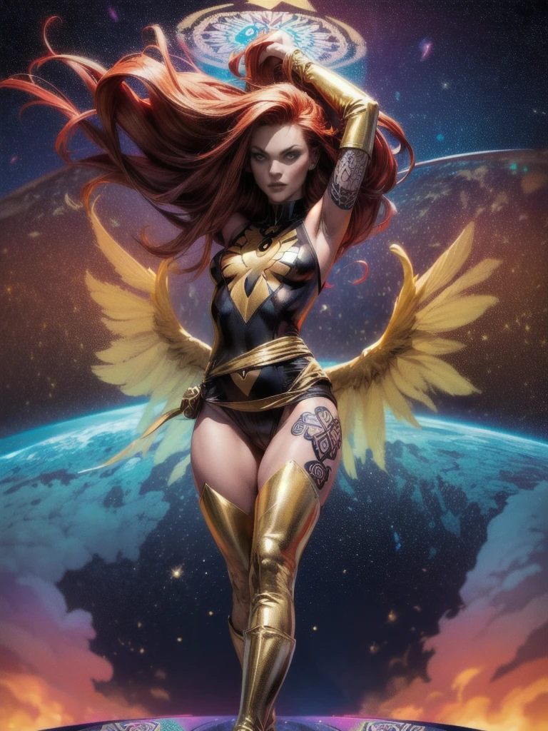 1girl, solo, Jean Grey of X-men, high leg unitard of black and gold, boob window in unitard, ((small bust)), ((thighs showing)), ((calf-high boots)), (color mandala tattoos on thighs:1.37), wings, floating in space, arms out in power pose, contrapposto stance, dramatically colorful cosmic background, moody lighting, 16k, best quality, masterpiece, (wide angle:1.27), full length portrait