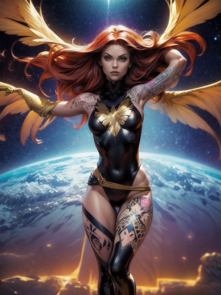 1girl, solo, Jean Grey of X-men, high leg unitard of black and gold, boob window in unitard, ((small bust)), ((thighs showing)), ((calf-high boots)), (color mandala tattoos on thighs:1.37), wings, floating in space, arms out in power pose, contrapposto stance, dramatically colorful cosmic background, moody lighting, 16k, best quality, masterpiece, (wide angle:1.27), full length portrait