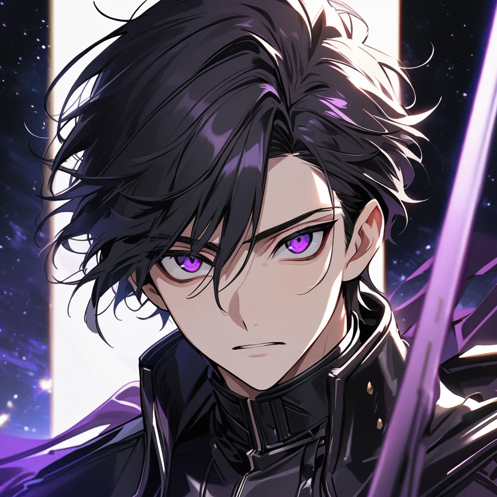 High quality, HD, 4k, no shadows, handsome male, handsome, extremly handsome, 1male, 1 male, teenager, pure black hair, short black hair, dark hair, black hair, jet black hair, sharp eyes, deep purple colored eyes, dark purple colored eyes, deep violet eyes, violet eyes, devil may cry, close up, calm expression, stoic expression, black leather clothes, black leather clothing, leather clothing, lean body, well trained body, upper body, looking at viewer, cowboy shot, white solar, space background