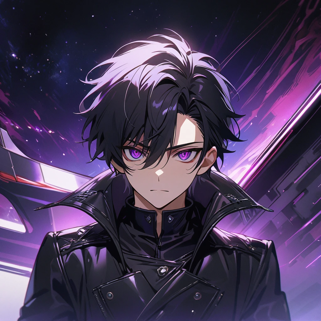 High quality, HD, 4k, no shadows, handsome male, handsome, extremly handsome, 1male, 1 male, teenager, pure black hair, short black hair, dark hair, black hair, jet black hair, sharp eyes, deep purple colored eyes, dark purple colored eyes, deep violet eyes, violet eyes, devil may cry, close up, calm expression, stoic expression, black leather clothes, black leather clothing, leather clothing, lean body, well trained body, upper body, looking at viewer, cowboy shot, white solar, space background