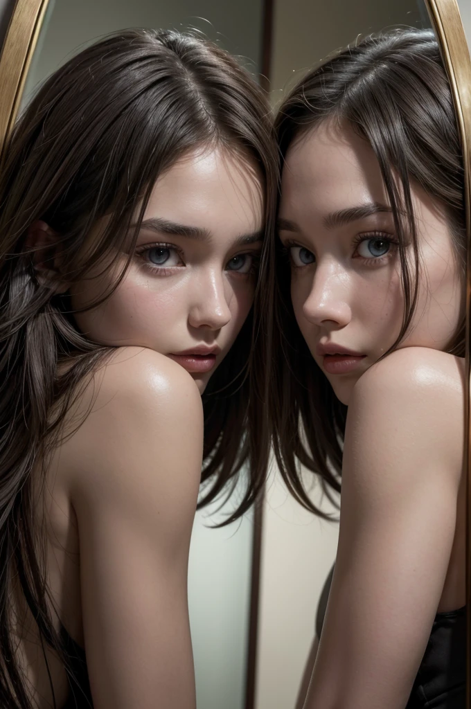 woman 20 years young, european, close up, ([emilia( :0)CLARKE|Nicole Aniston|dua( :0)lipA]:0.9), mirror reflection, Criticizing yourself, mirror, back, high resolution, high quality, high resolution, high definition, 4K, artwork, realistic,