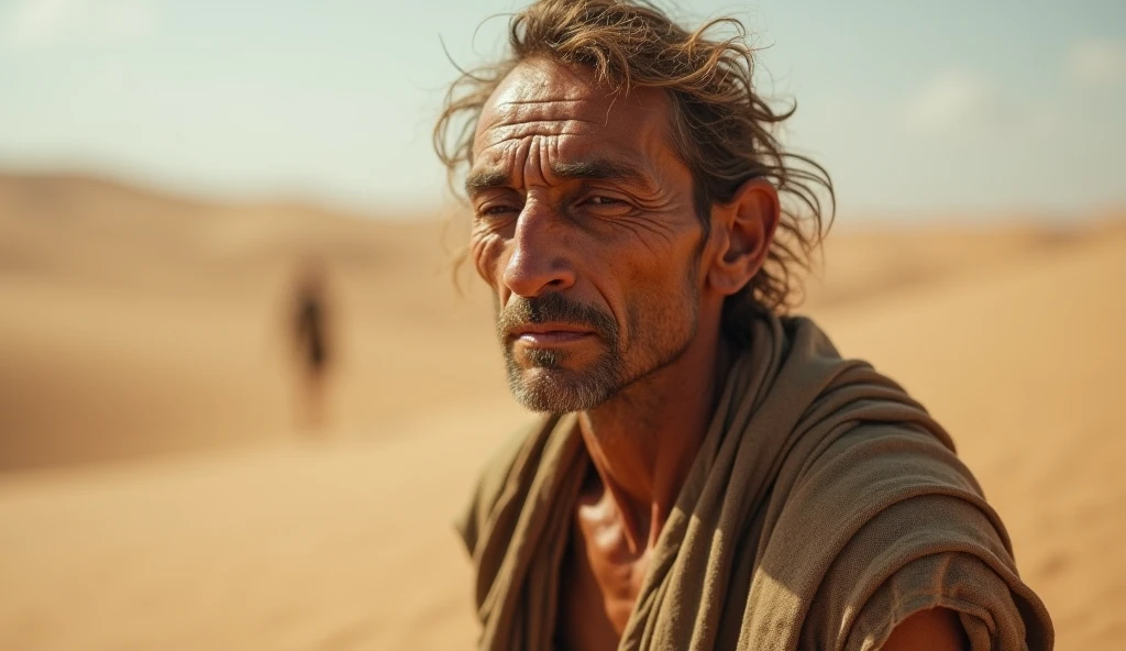 a very thin Hebrew face, malnourished, dying in the darkness, with a thin appearance, he doesn't eat much because he was fasting, biblical story, in the desert, 4k, photographic and realistic image
blurred image background