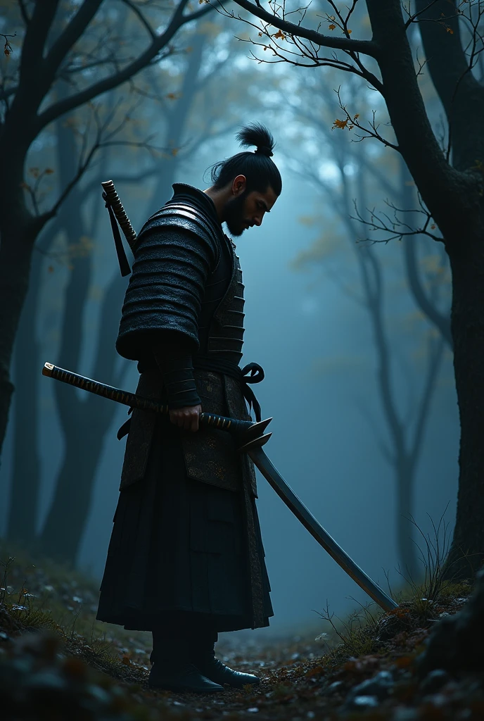 Create an image of a 40 year old male samurai, holding a katana in her hand, head down, with dew falling at night and a dark forest in the background.