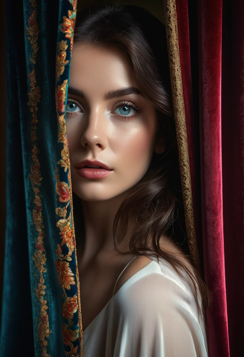 RAW photo, beautiful eyes, masterpiece, peeking out from behind the curtains, colorful details, award-winning, high detail, 8 K, daylight, analog film, detailed skin, stunning composition, complex parts, subsurface scattering, velvet hair, amazing textures, cinematic, chiaroscuro, soft light