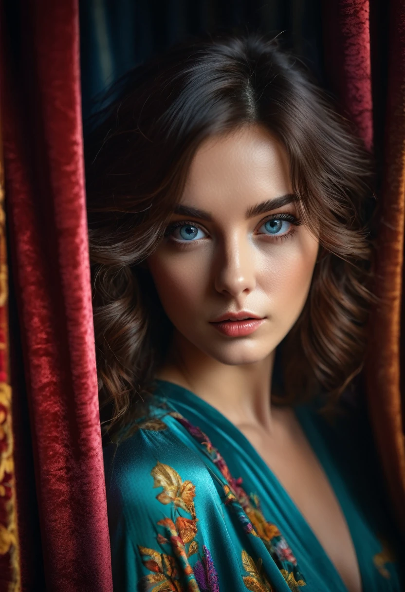 RAW photo, beautiful eyes, masterpiece, peeking out from behind the curtains, colorful details, award-winning, high detail, 8 K, daylight, analog film, detailed skin, stunning composition, complex parts, subsurface scattering, velvet hair, amazing textures, cinematic, chiaroscuro, soft light