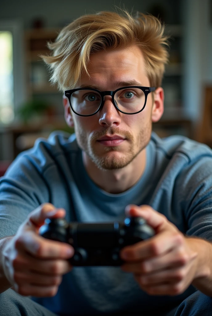Photo of a person playing a video game, a blond person with glasses man
