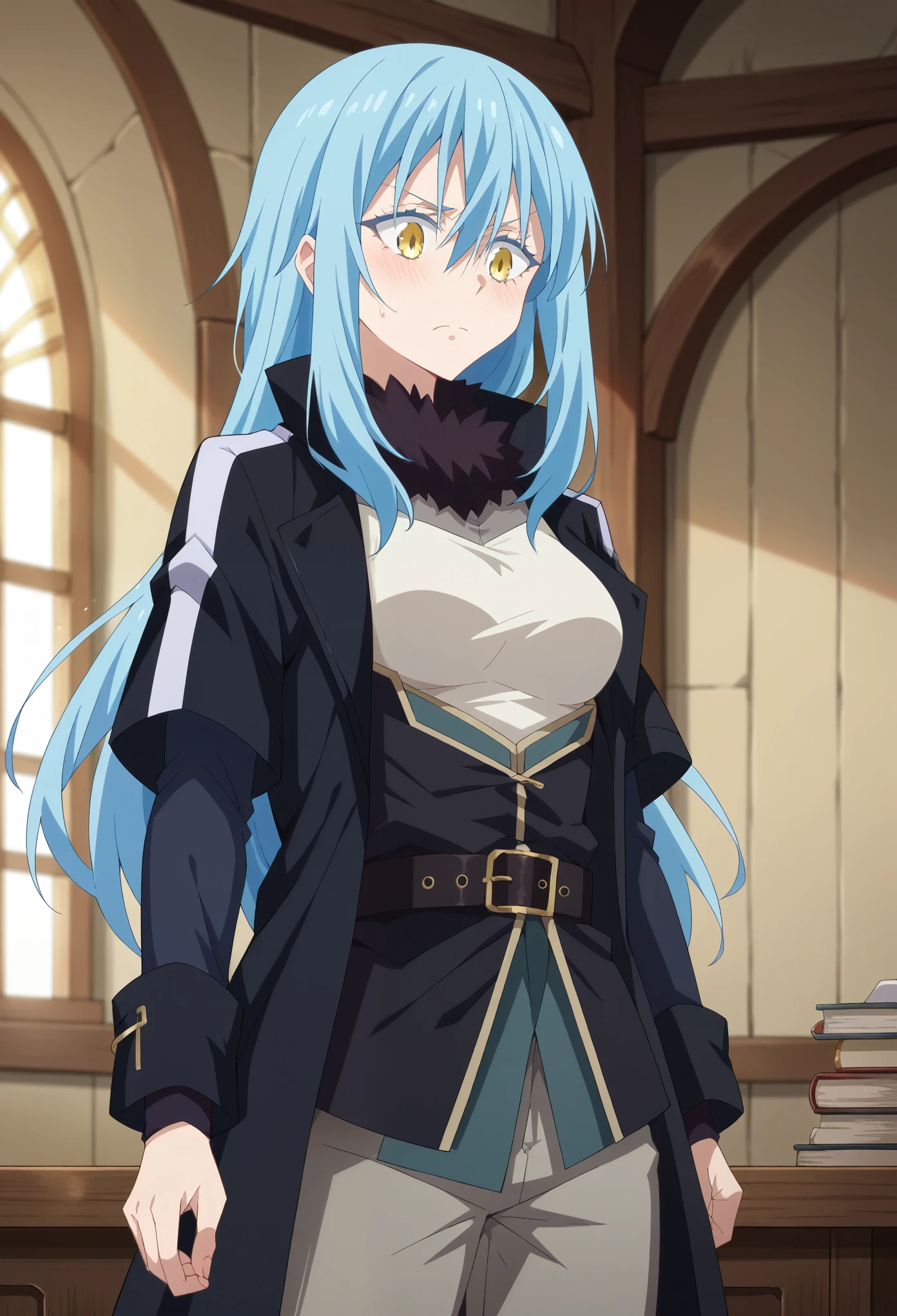 score_9, score_8_up, score_7_up, 1girl, solo, rimuru tempest, long hair, hair between eyes, blue hair, yellow eyes, long sleeves, open clothes, belt, pants, coat, black pants, buckle, black belt, open coat, black coat, belt buckle, grey pants, breasts, standing, shaking, nervous, one closed eye,looking down, inside a medieval house