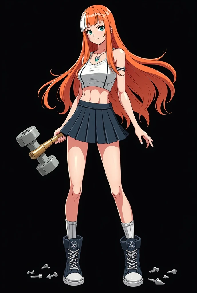 A full body image of an 1 girl, personagem do anime "Dragon Ball Super", she is very beautiful, with long, straight, fire-colored hair with two white streaks highlighted in the front, framing your face. She has blue-green eyes and pale skin.. she is a Wiccan, she is in fighting pose. she wears a pentagram necklace, croped, glued skirt, beautiful women&#39;s high-top shoes and ¾-long socks, she holds a nail hammer and small nails. It is drawn with Akira Toryama&#39;s animation. black backdrop.