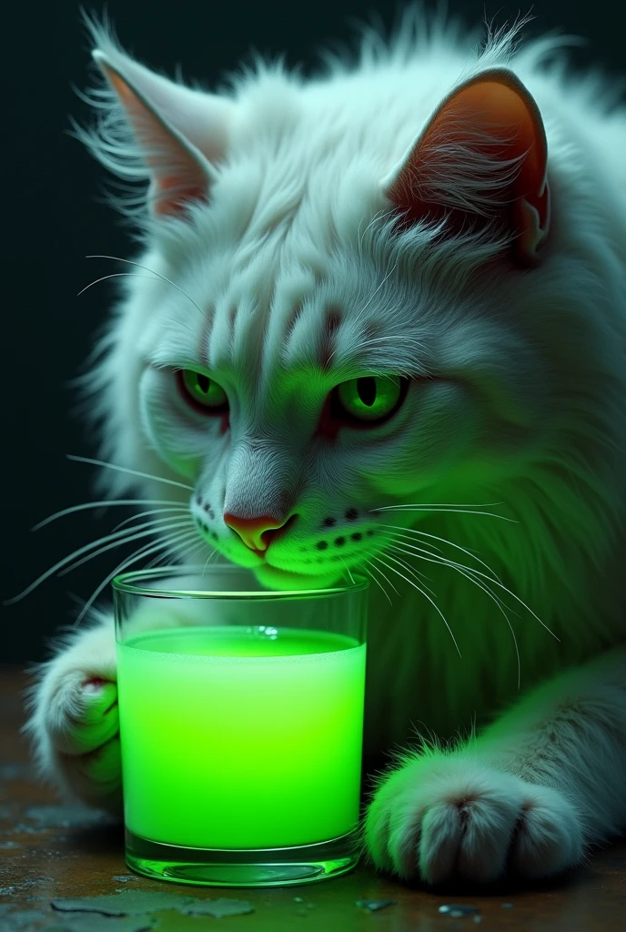 The moment the white big  cat drinks the zehreela drink, with a close-up on the glass. the white cat Zombie cat drinking on carry on 