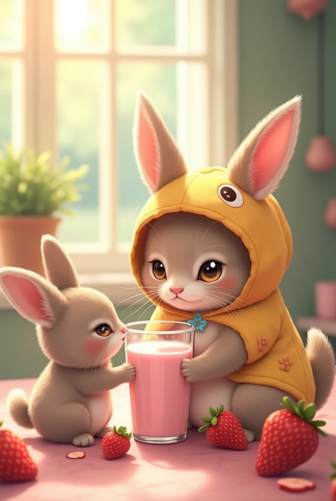 British Shorthair,Anime Touch,Rabbitの赤ちゃん,Rabbit,アヒルコスチュームを着たRabbit、Drinking strawberry milk