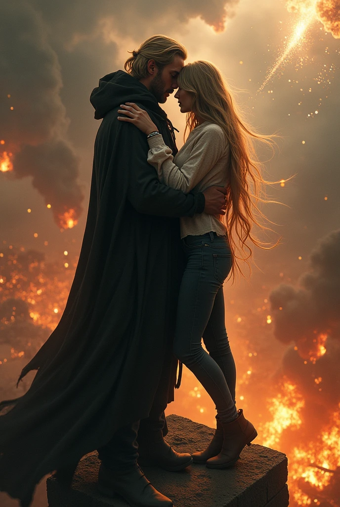 Couple qui est sur une tour de 1 km de haut avec le monde qui s'ecroule aurour d'eux, du feu dans tous les villages voisins et des météorites en feu qui tombent partout. Le couple s'embrassent et s'enlacent pour la derniere fois. L'homme porte un grand manteau noir qui est un peu comme une cape épaisse et à les cheveux longs et blonds et la femme porte un jean et une chemise voilette et elle a les cheveux long et brins