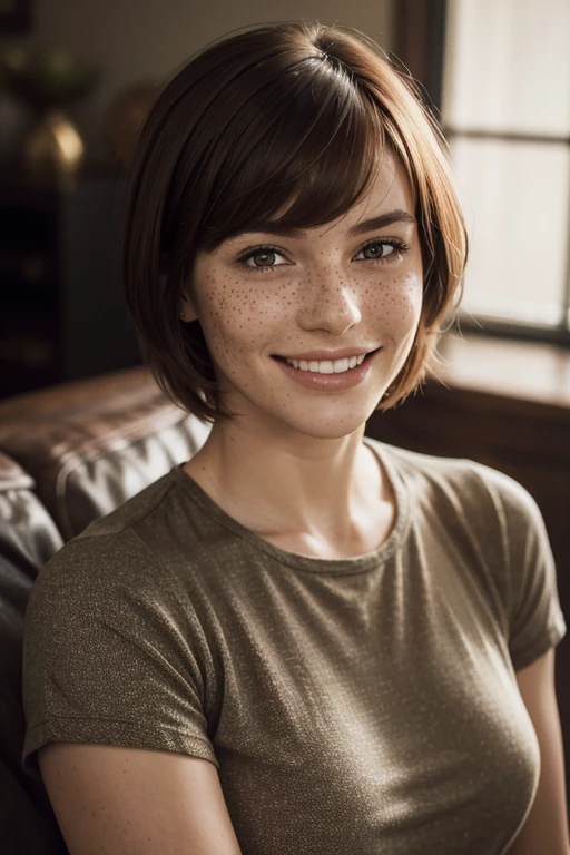 feminine figure, dark auburn hair, freckles, best quality, a shirt, realistic skin texture, smiling, upper body portrait, living room background, photography, detailed facial features, film grain texture and high contrast, extremely high-resolution details, photographic, photorealistic, hyper-realistic, HDR, masterpiece, short hair. Dimples, bangs