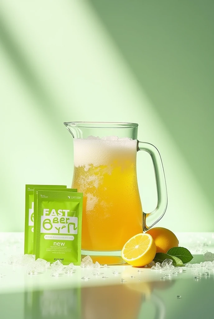 Beer and lemon-green sachets. In the middle there is a jug with the product already prepared and with drops around it to give the impression that the beer is frozen.. besides, The name of the product appears at the top: "Fast Beer". In the lower right corner appear the words: new. Yields 1 liter