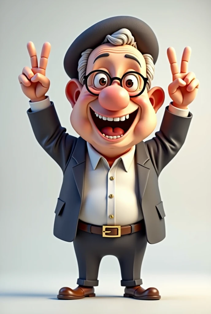 A 3D drawing of a 50-year-old man in a formal shirt, glasses and a beret, smiling broadly, a little chubby and more caricatured with hands raised in victory sign
